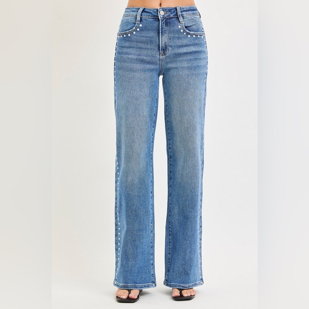 Studded Wide Leg High Rise Jeans - Risen - Picture 3 of 7